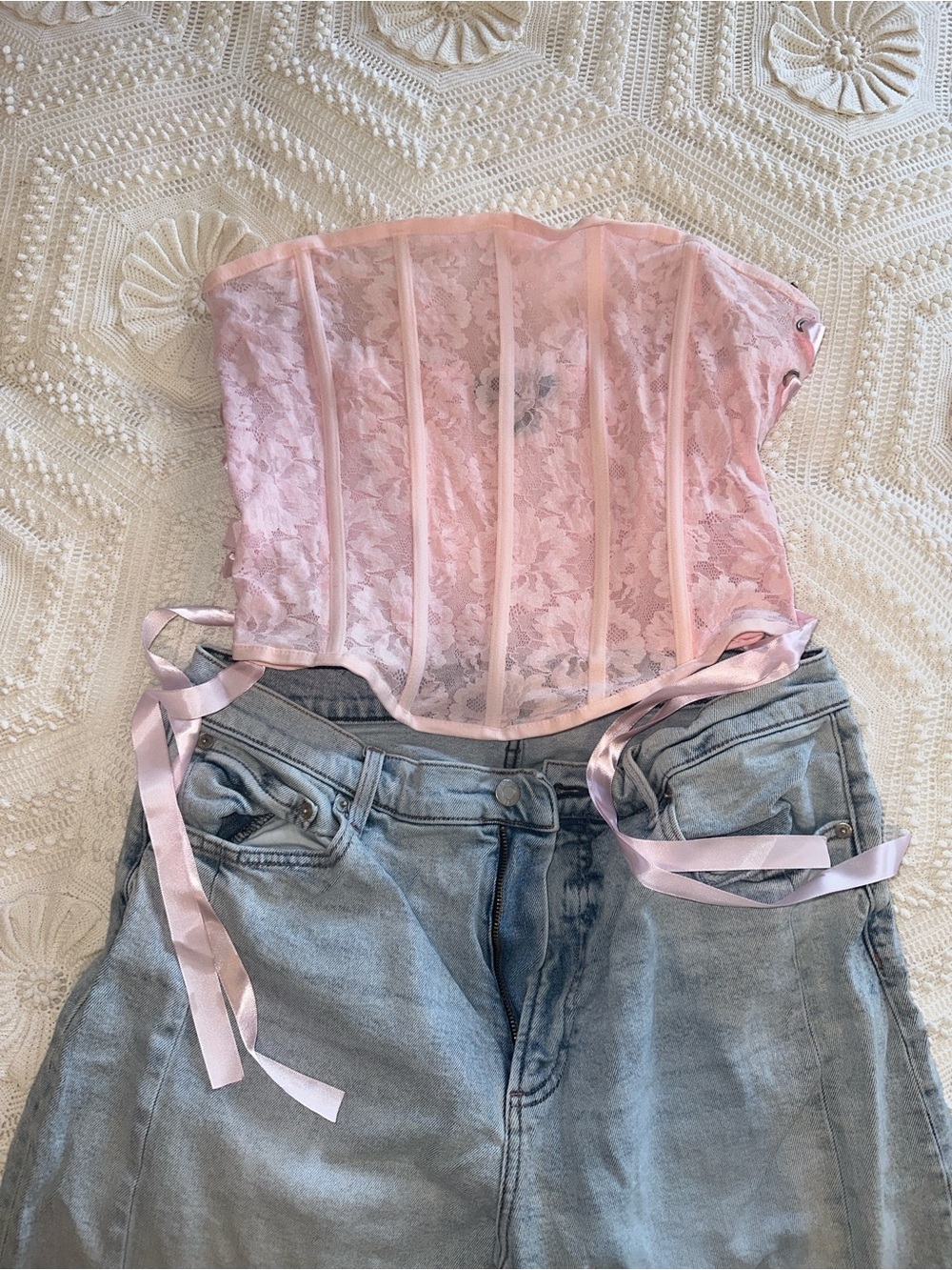 Forever 21 Pink Lace Corset Camisole with Ribbon Ties